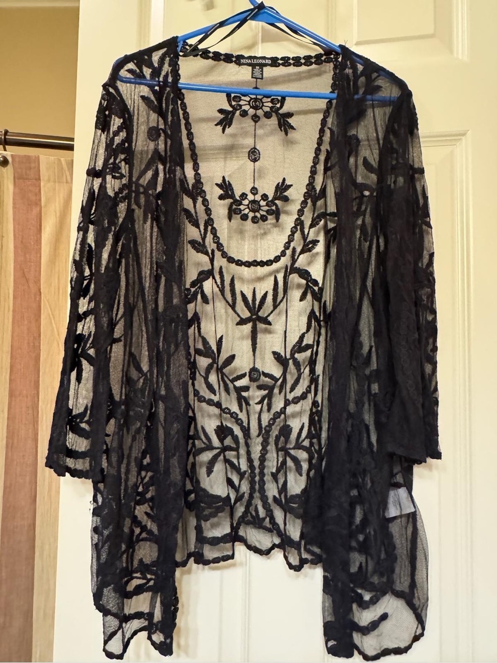 Nina Leonard Black Floral Embroidered Sheer Kimono